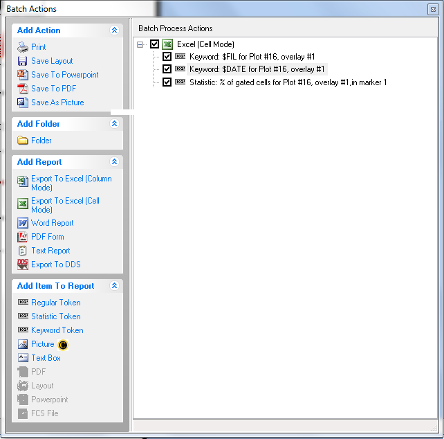 图T9.26  Batch Actions with Statistic % of Gated Cells to be Exported to Excel (批操作窗口 - 门中细胞百分比统计将被导出到Excel中)