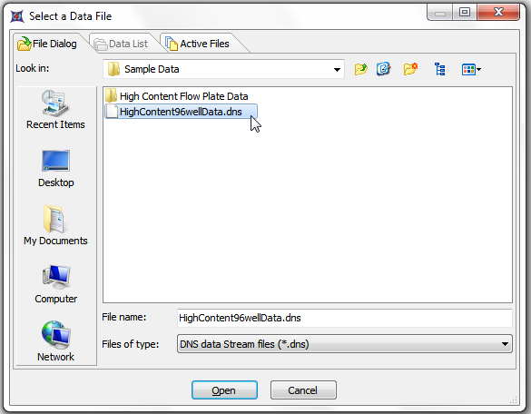 图T18.18  Choosing the HighContent96wellData.dns File (选择HighContent96wellData.dns文件)