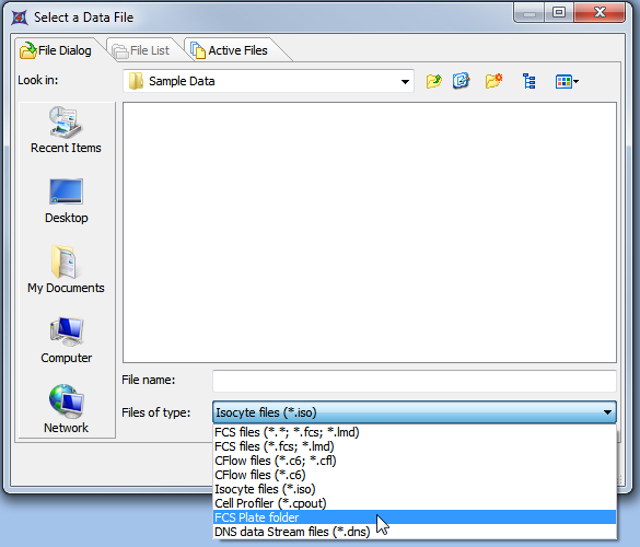 图T18.1  Choosing FCS Plate Folder from the Files of Type: Drop-down List (从"文件类型:"下拉列表中选择FCS细胞板文件夹)