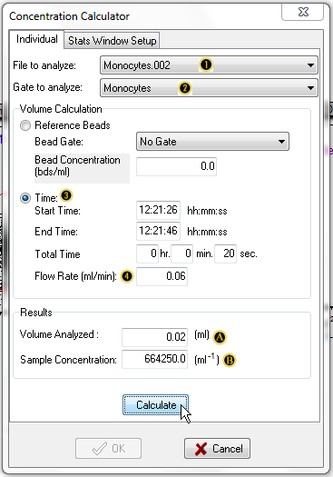 图T22.7  Concentration Calculator Dialog Using Time and Flow Rate (使用时间以及流速的浓度计算器对话框)