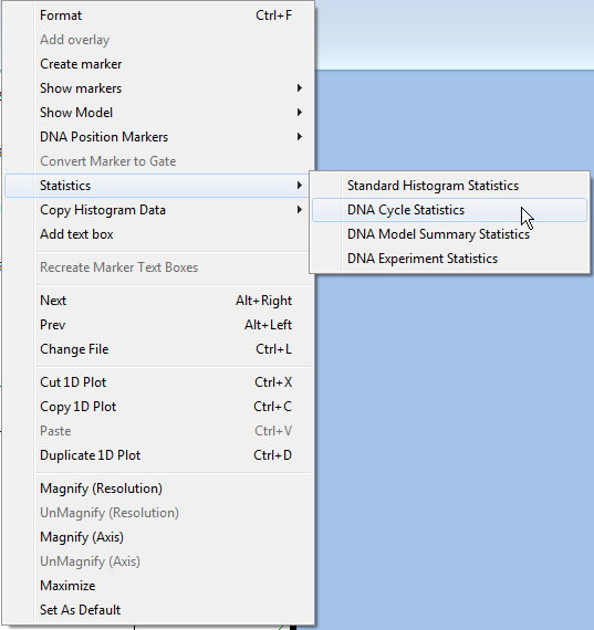 图T19.12  DNA Cycle Statistics Pop-up Menu Item (DNA周期统计弹出菜单选项)