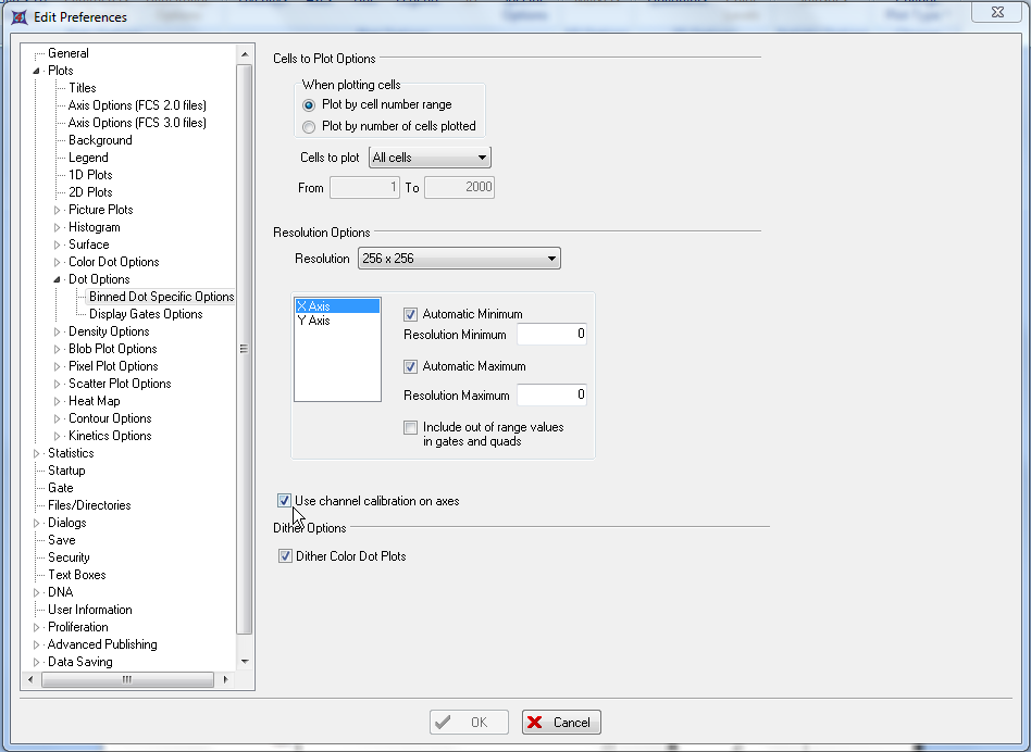 图T23.12  Edit Preferences Dialog -- Unselecting Use channel calibration on axes for 2D Dot Plots (编辑选项对话框 -- 为二维绘图取消对"在数轴上使用通道校正"的选择) 