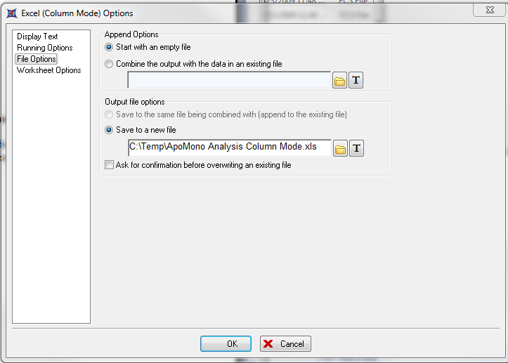 图T9.31  Excel (Column Mode) Options Dialog (Excel(列模式)选项对话框)