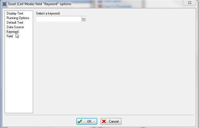 图T9.17  Excel (Cell Mode) field "Keyword" options Dialog -- Keyword Category (Excel(单元格模式)"关键字"选项对话框 -- 关键字类别选项)
