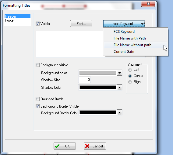 图T10.21  Selecting File Name without path from the Insert Keyword drop-down list on the Formatting Titles Dialog (在格式化标题对话框中的插入关键字下拉列表中选择没有关键字的文件名称)