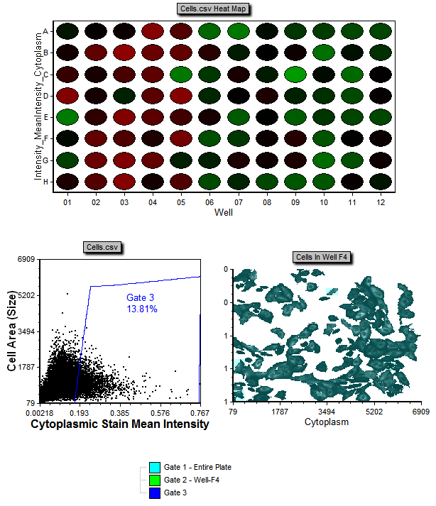 图T24.12  A Heat Map from CellProfiler Data with Corresponding Dot and Picture Plots (由CellProfiler数据生成的热图以及相应的点状图和图像绘图)