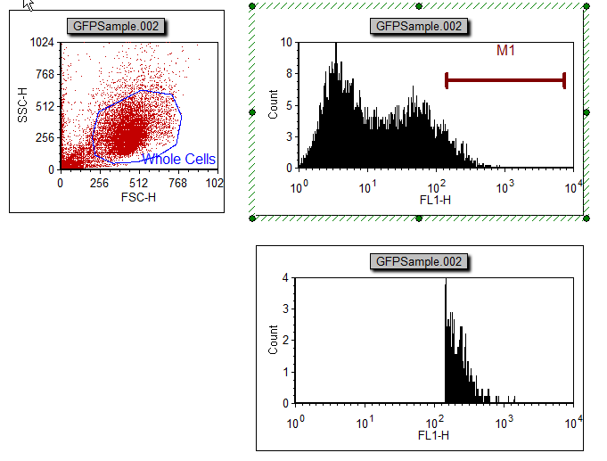 图T7.13  Histogram Gated on GFP(+) Updated to Reflect Changes made to Marker M1 Position (应用GFP(+)门的柱状图在标记M1位置变化后跟着更新)