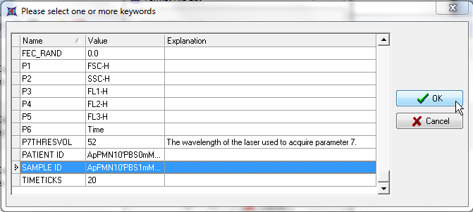 图T10.10  Selecting an FCS Keyword to use in the Data List (选择在数据列表中使用的FCS关键字)