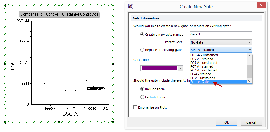 Figure T8.16 -  Creating a gate around the bead population on the plot and choosing to replace the Scatter Gate with the newly created gate.