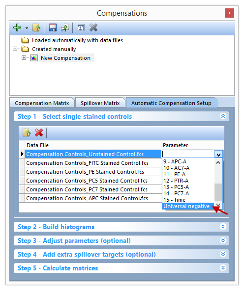 Figure T8.10 - Selecting the Universal negative parameter to match the Unstained Control.fcs file.