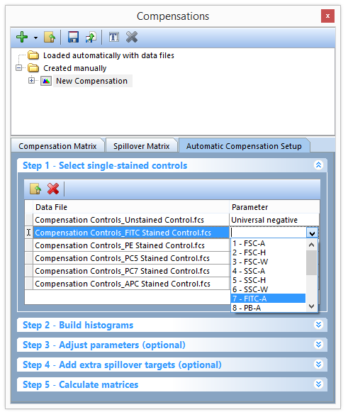 Figure T8.11 - Selecting the FITC-A parameter to match the FITC Stained Control.fcs file.