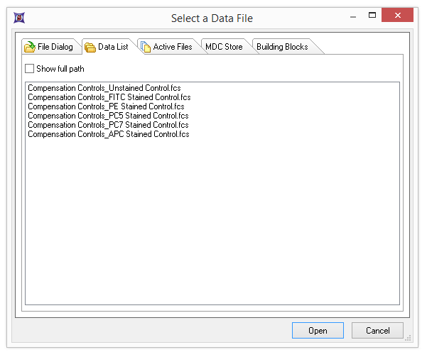 Figure T8.8 - Use the Select a Data File window and Data List tab to select all of the files for use in the Automatic Compensation Setup.