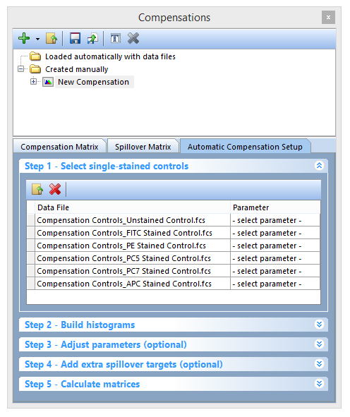 Figure T8.9 -  Files have been added to Step 1 in the Automatic Compensation Setup. The Parameter column drop downs will be used to match the single stained sample data control files to the respective parameter for compensation.