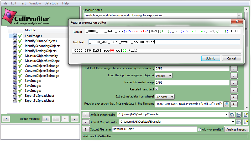 Figure T24.44  Setting up a Regular Expression in the LoadImages Module for a tiled image experiment.