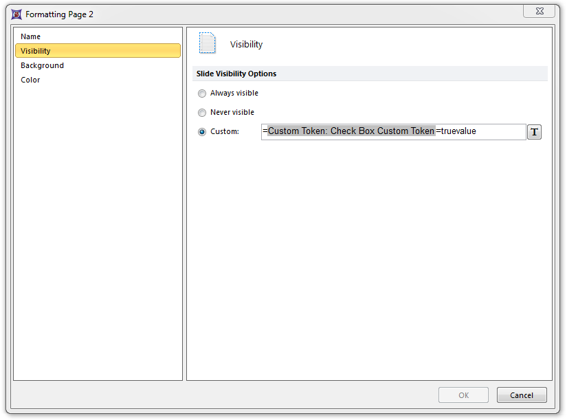 Figure T5.55 - Entering a custom page visibility formula to view or hide a page based on the status of a check box being checked or unchecked. 