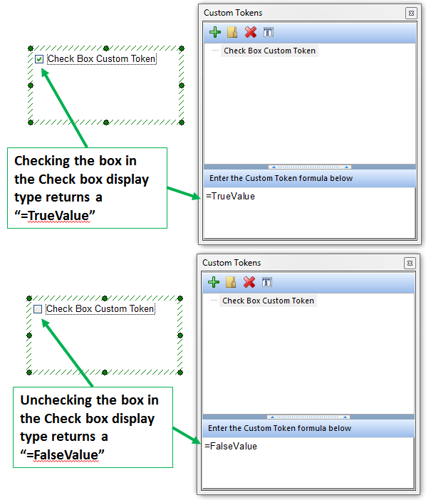 Figure 19.47) Once the box has been checked, the Custom Token returns a "TrueValue" entry for the Custom Token. Unchecking the box returns a "FalseValue" entry for the Custom Token.
