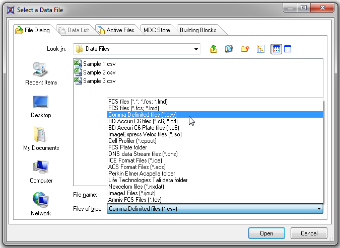  Figure 24.8 - Choosing the Comma Delimited files (*.csv) file type in the select a data file dialog.