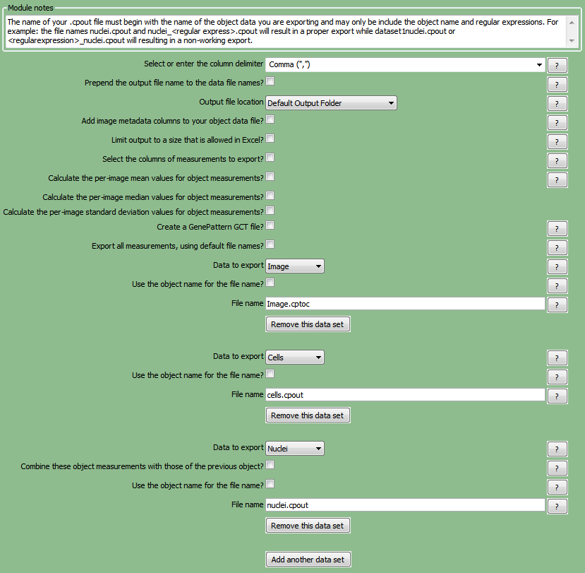 Figure T24.60 The ExportToSpreadsheet Module Set Up to Export image.cptoc, nuclei.cpout and cells.cpout.