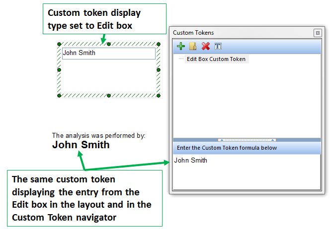 Figure 19.44 The text of "John Smith" was entered in the Edit box. The value was updated in the Custom Token window and also in the secondary text box containing the token.