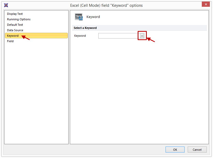 Figure T9.17  Excel (Cell Mode) field "Keyword" options Dialog -- Keyword Category