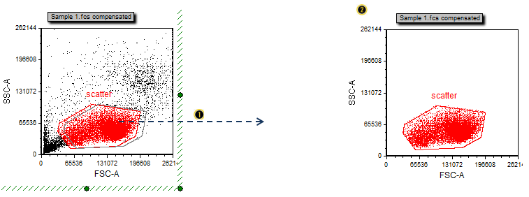 Figure T29.4 Dragging and dropping the "scatter" gate out of a plot to make a new plot gated on "scatter" Figure T29.4 Dragging and dropping the "scatter" gate out of a plot to make a new plot gated on "scatter"