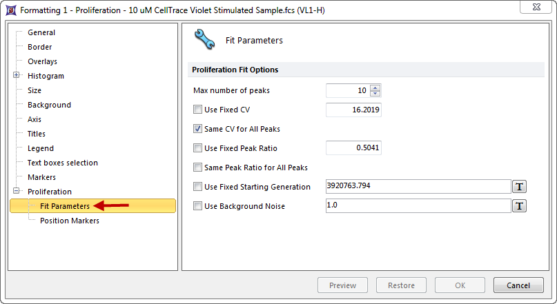 Figure 26.2  Formatting Proliferation Fit Parameters