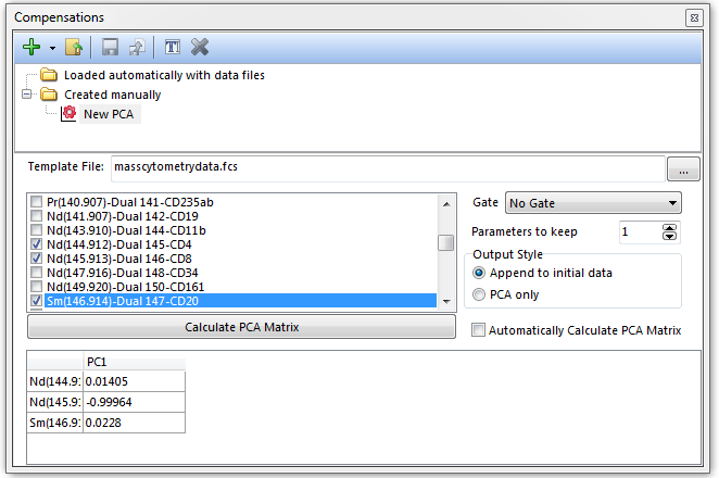 Figure 16.28 Once the Calculate PCA Matrix button is pressed the matrix will be calculated and shown in the dialog.
