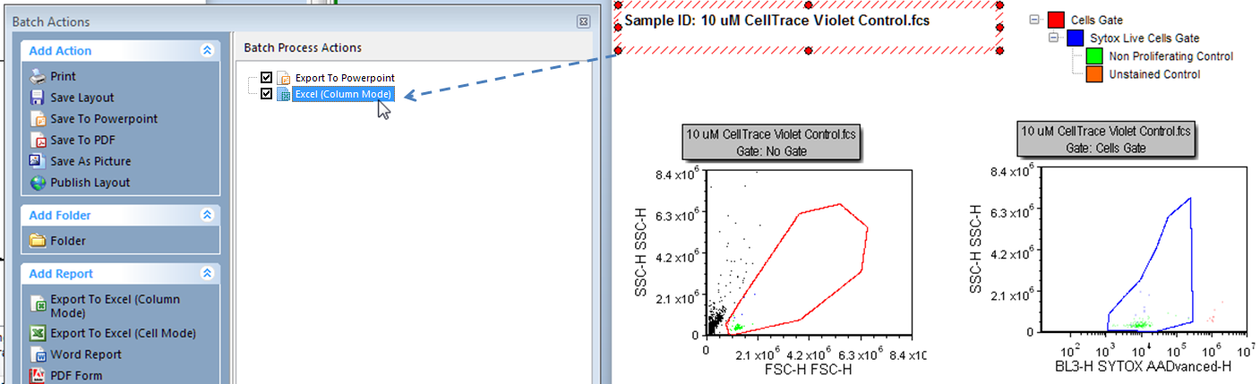 Figure T20.16 Dragging and dropping the sample ID text box to the Excel (Column Mode) batch action. Figure T20.16 Dragging and dropping the sample ID text box to the Excel (Column Mode) batch action.