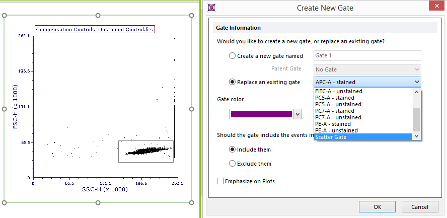 Figure T8.16 -  Creating a gate around the bead population on the plot and choosing to replace the Scatter Gate with the newly created gate.