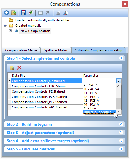 Figure T8.10 - Selecting the Universal negative parameter to match the Unstained Control.fcs file.