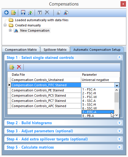 Figure T8.11 - Selecting the FITC-A parameter to match the FITC Stained Control.fcs file.