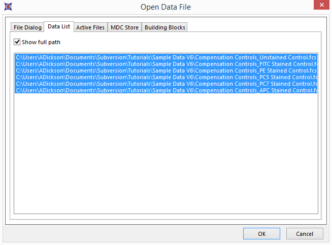 Figure T8.8 - Use the Select a Data File window and Data List tab to select all of the files for use in the Automatic Compensation Setup.