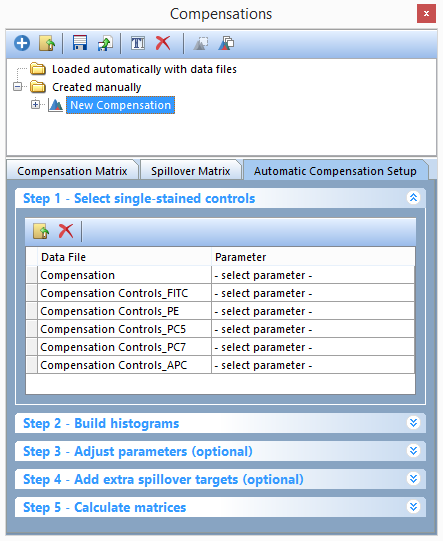 Figure T8.9 -  Files have been added to Step 1 in the Automatic Compensation Setup. The Parameter column drop downs will be used to match the single stained sample data control files to the respective parameter for compensation.