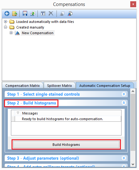 Figure T8.13 - The Build Histograms button will create a new page for scatter parameters and a new page containing a postive control and negative control histogram for each individual stain.