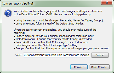 Figure 24.0 - CellProfiler message - Convert Legacy Pipeline?