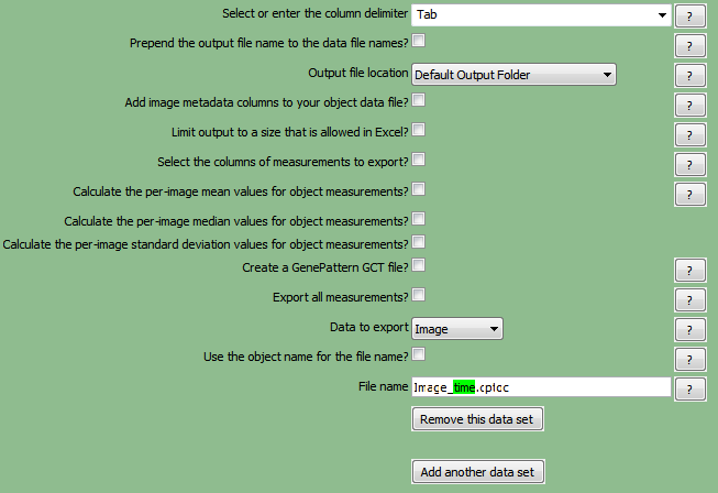 Figure T24.40 The first ExportToSpreadsheet module after the Data to export Nuceli and Cells has been removed. Figure T24.40 The first ExportToSpreadsheet module after the Data to export Nuceli and Cells has been removed.