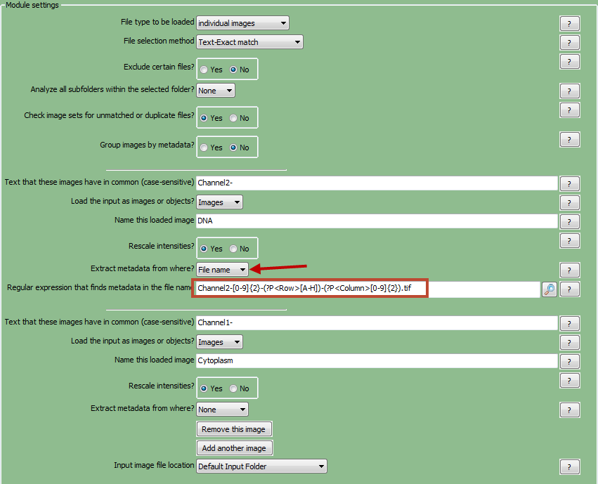Figure T24.2  Setting up a Regular Expression in the LoadImages Module for a 96 Well Plate Experiment
