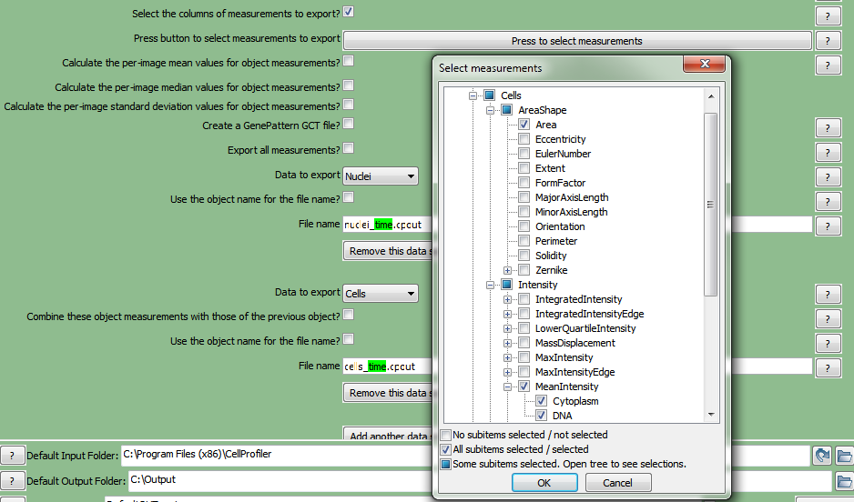 Figure T24.42 Choosing the Select the columns of measurements to export check box, clicking on the Press to select measurements button, and selecting the parameters to export for the Cells objects. Figure T24.42 Choosing the Select the columns of measurements to export check box, clicking on the Press to select measurements button, and selecting the parameters to export for the Cells objects.