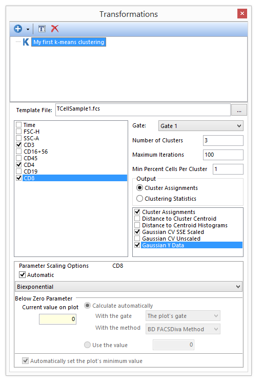 Figure T33.5. The Trasnformation dialogue filled for a new k-means trasnformation.