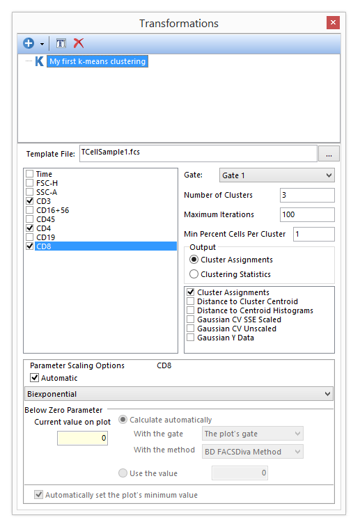 Figure T33.4. The Trasnforamtion dialogue partially filled for a new k-means clustering transformation.
