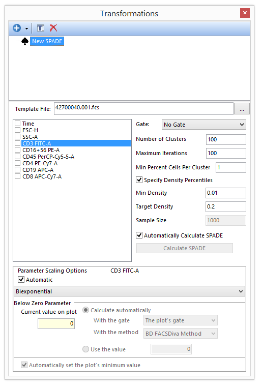 Figure 29.75 When a template file is selected, the possible parameters to perform a SPADE transformation are automatically listed in the SPADE dialog.