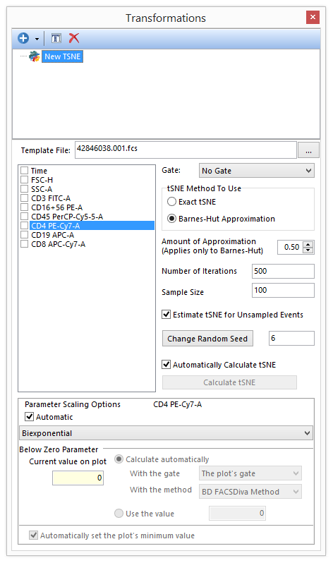 Figure 29.60 When a template file is selected, the possible parameters to perform a tSNE transformation are automatically listed in the tSNE dialog.