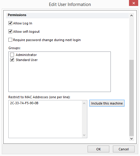 Figure 38.7 Restrict User to Defined MAC Address(es) in User Information Dialog