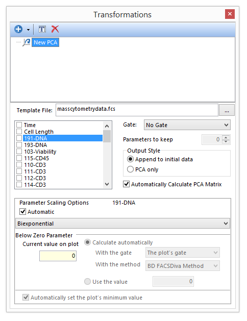 Figure 29.18 A template file has been chosen which subsequently populates the list of possible parameters to perform a PCA transformation.