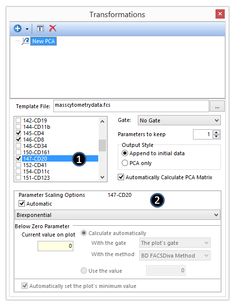Figure 29.19 Parameters for the PCA transformation are selected by checking the boxes next to the parameter names.