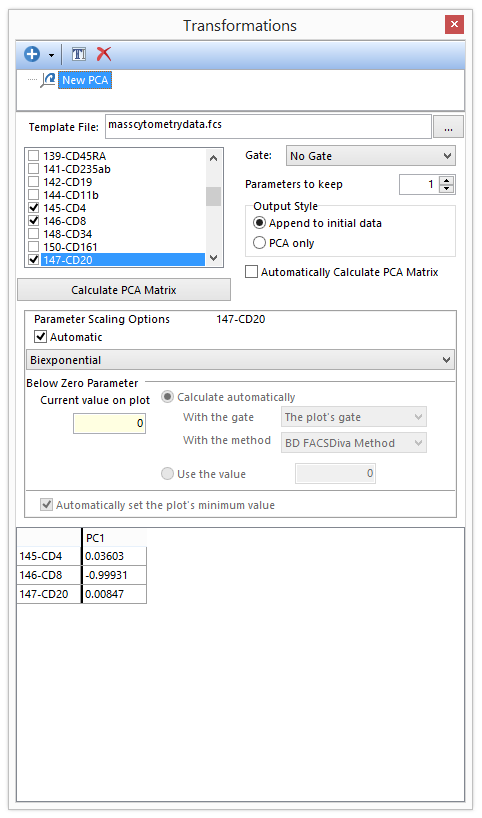 Figure 29.22 Once the Calculate PCA Matrix button is pressed the matrix will be calculated and shown in the dialog.