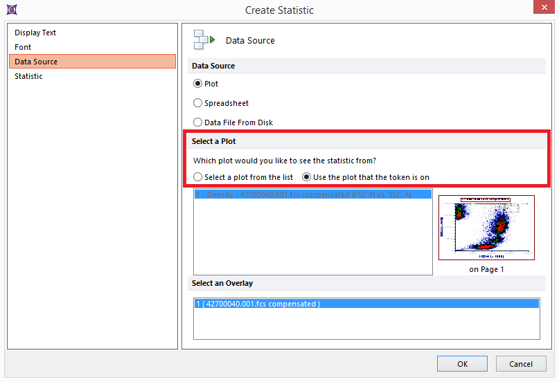 Figure 19.3 - Create Statistic dialog displaying options outline in red for selecting plot as source for token to be inserted.