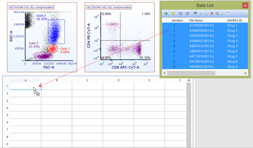 Figure 11.15 - Dragging and dropping data files from the data list into a cell in the spreadsheet.