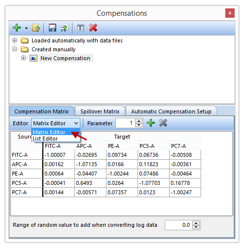 Figure T8.18 - The Compensation Matrix create from the Automatic Compensation Setup. The red box indicates you can change from Matrix Editor to List Editor view. The Spillover Matrix tab will display the spillover matrix for your compensation definition.