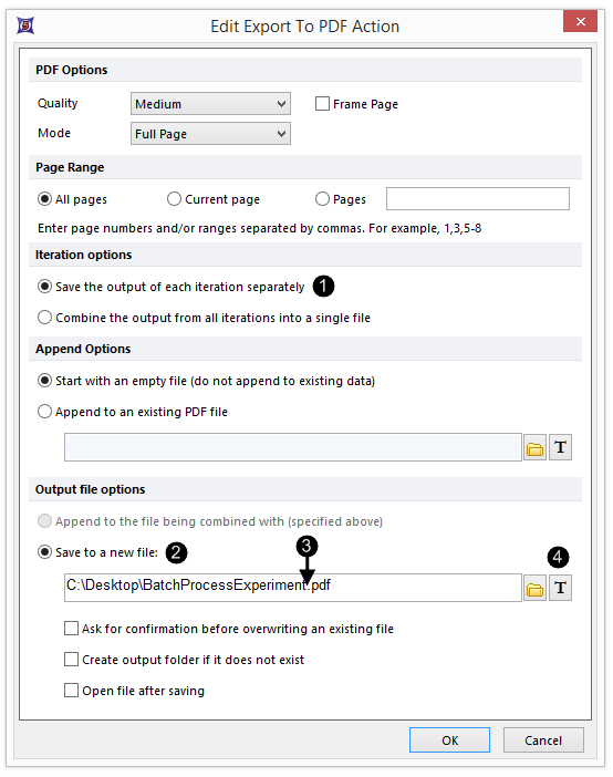 FIgure T18.32a - The Create Export to PDF Action window